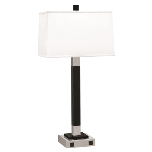 Double Light Twin Nightstand Lamp, 30",  2 Outlets, Brushed Steel w/ Black Ebony Finish, White Shade